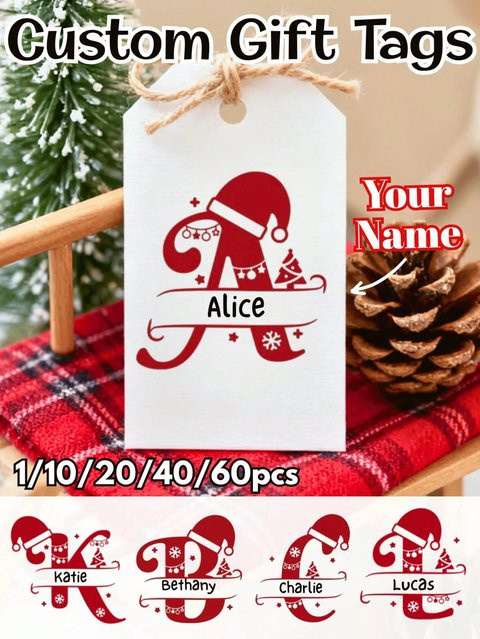 Personalisierte Weihnachtsgeschenkanhänger aus weißem Papier mit Namen und Buchstaben, rechteckig und minimalistisch gestaltet - Bild 1
