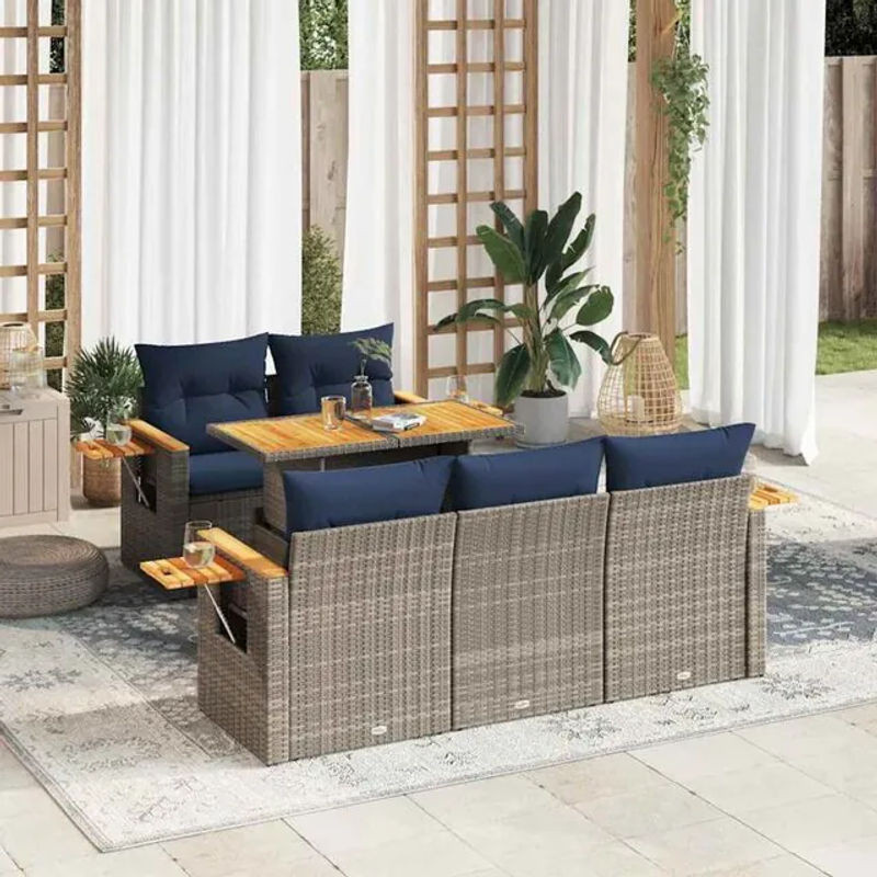 6-tlg. Garten-Sofagarnitur mit Kissen aus Poly-Rattan in Grau von vidaxl - Bild 1