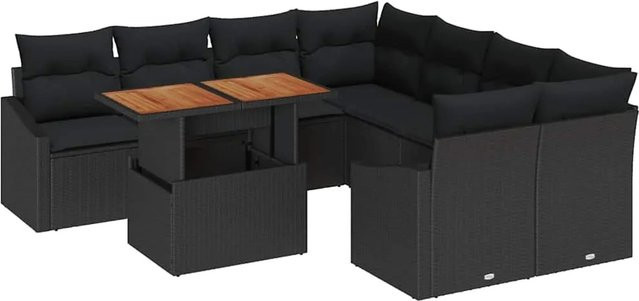 vidaXL Garten-Sofa-Set aus Poly Rattan und Stahl in Schwarz mit 9-teiligem Set inklusive Stauraumfunktion und Gartentisch - Bild 1