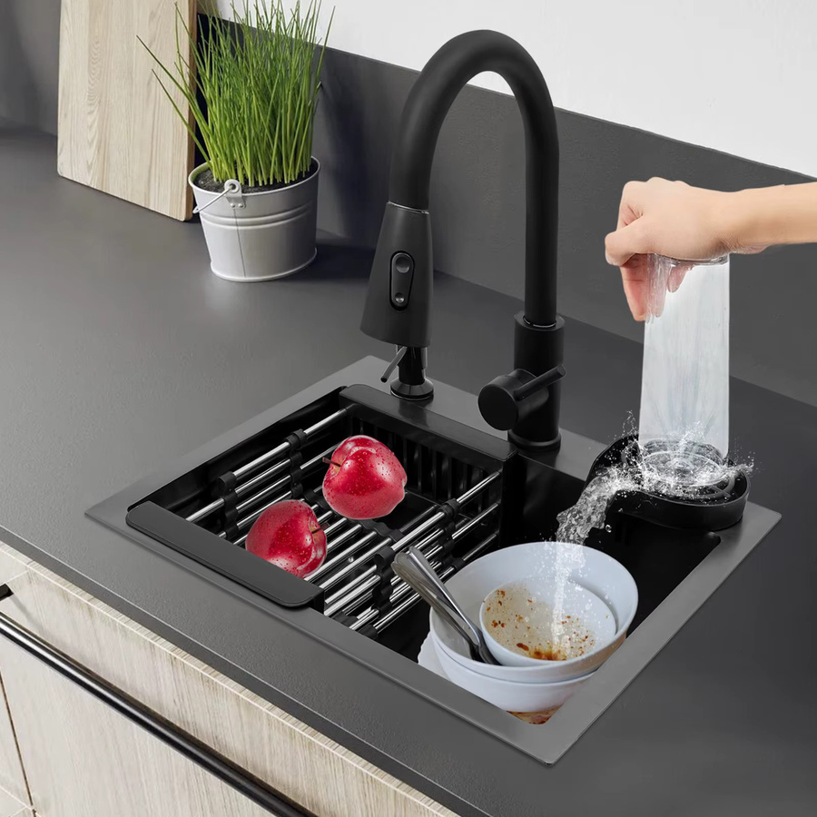 Bymaocar Multifunktionale Küchenspüle aus Edelstahl mit Nano-Beschichtung in Schwarz, Unterbau-Spülbecken inklusive ausziehbarer Armatur, Tassenspüler und Seifenspender - Bild 3