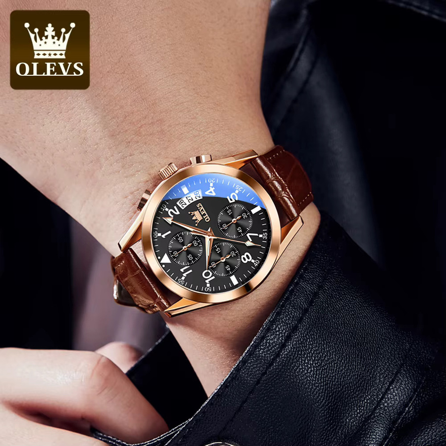 OLEVS Chronograph, Quarzuhr, Lederarmband, Schwarz, Braun, Herren - Bild 2