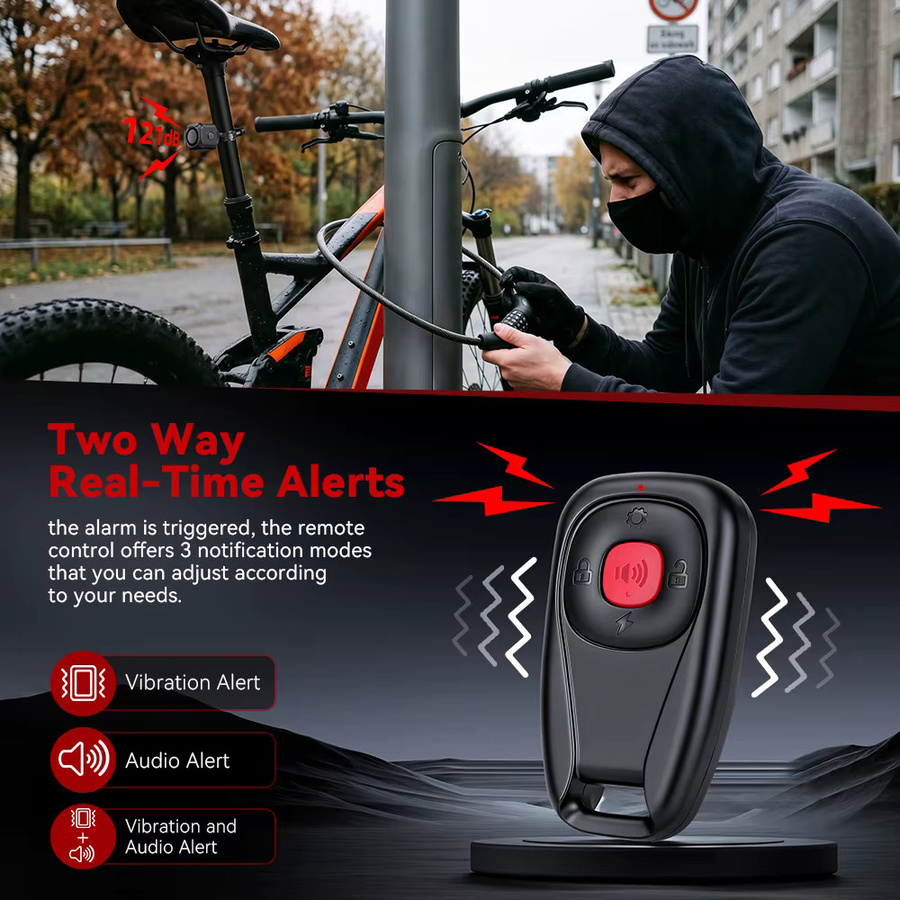 WSDCAM Zwei-Wege-Fahrrad-Diebstahlalarm mit Vibrationsauslösung, 121dB Sirene, Fernbedienung und Ortungsfunktion für E-Bike, Roller und Motorrad, Schwarz - Bild 4
