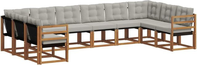 vidaXL Outdoor-Sofagarnitur aus Akazienholz in L-Form mit 10-teiligem Set, Textilene und Kissen, Natur und Hellgrau - Bild 1