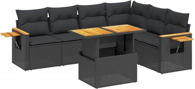 vidaXL 7-teilige Garten-Sofagarnitur in L-Form aus schwarzem Poly-Rattan mit Kissen und pulverbeschichtetem Stahlrahmen - Bild 1