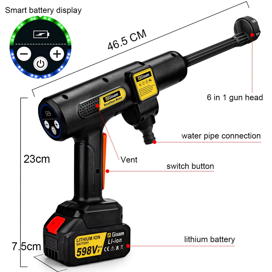 Gisam Bürstenloser Elektrischer Hochdruck-Autowascher 200 Bar 6-in-1 Wassersprühpistole für Makita 18V Akku, Schwarz - Bild 5