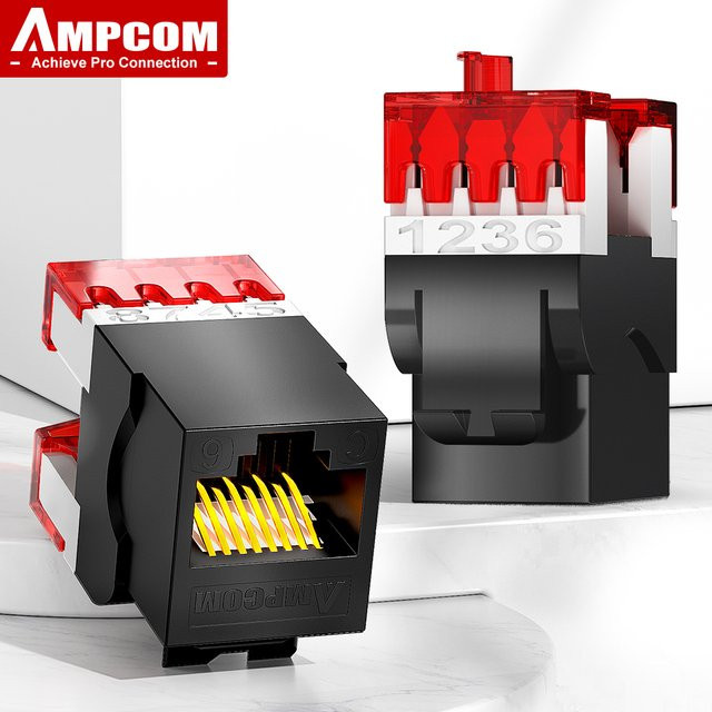 AMPCOM Cat6 RJ45 UTP Keystone Jack Ethernet LAN Netzwerkstecker Modulanschluss, Schwarz, 180-Grad-Punch-Down-Typ, 50U vergoldet - Bild 1