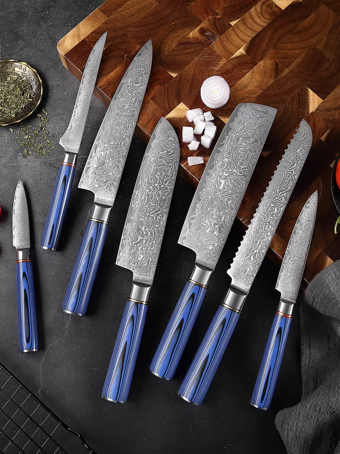 Xituo 1-6-teiliges Küchenmesser-Set aus Damaszener Stahl mit Rosenmuster und blauem G10-Griff - Bild 4