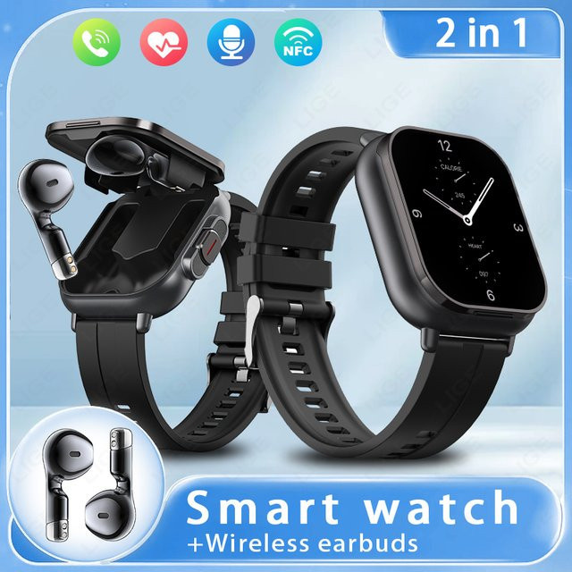 LIGE 2-in-1 Smartwatch mit integriertem TWS Bluetooth Headset in Schwarz mit NFC, Telefonfunktion und Gesundheitsüberwachung für Herzfrequenz und Blutdruck - Bild 1