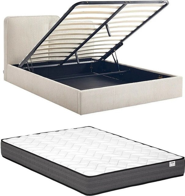 Vente-unique Bett Nayola mit Bettkasten in Beige aus Cord-Samt, B/T/H: 160 x 200 x 102 cm - Bild 1