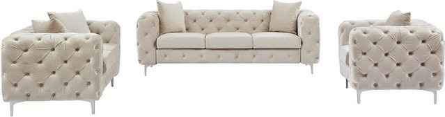 Vente-unique Couchgarnitur Edwina Chesterfield in Beige mit Samtbezug, bestehend aus 3-Sitzer, 2-Sitzer und Sessel, B/T/H: 220 x 162 x 106 cm - Bild 1
