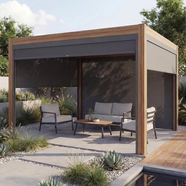Pergola MCW-L46 Lamellen-Pavillon mit Seitenwänden und Alu-Gestell in Holzoptik, Farbe: Anthrazit, B/T/H: 300 x 300 x 300 cm - Bild 1