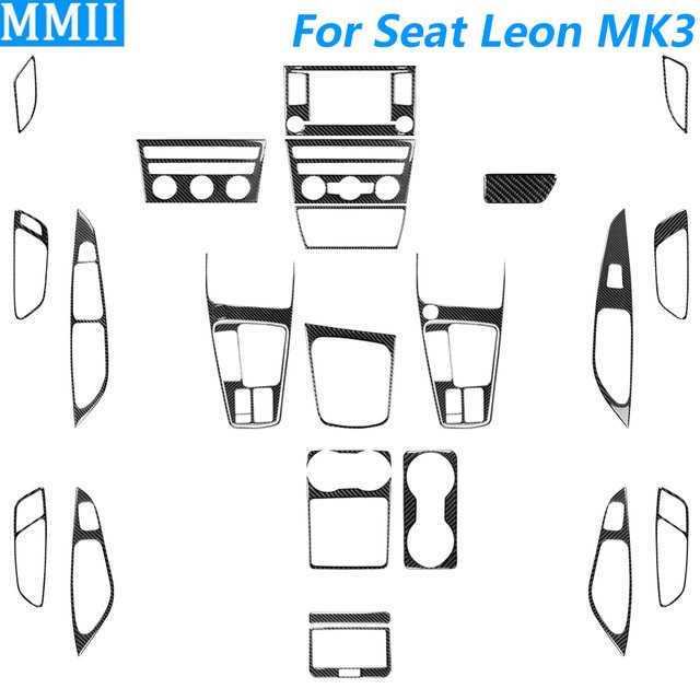 RRX CARBON Carbon-Faser Verkleidungsset für Seat Leon MK3 2013-2020 in Schwarz für Navigation, Radio, CD, Klimaanlage, Tür und Schalthebel - Bild 1