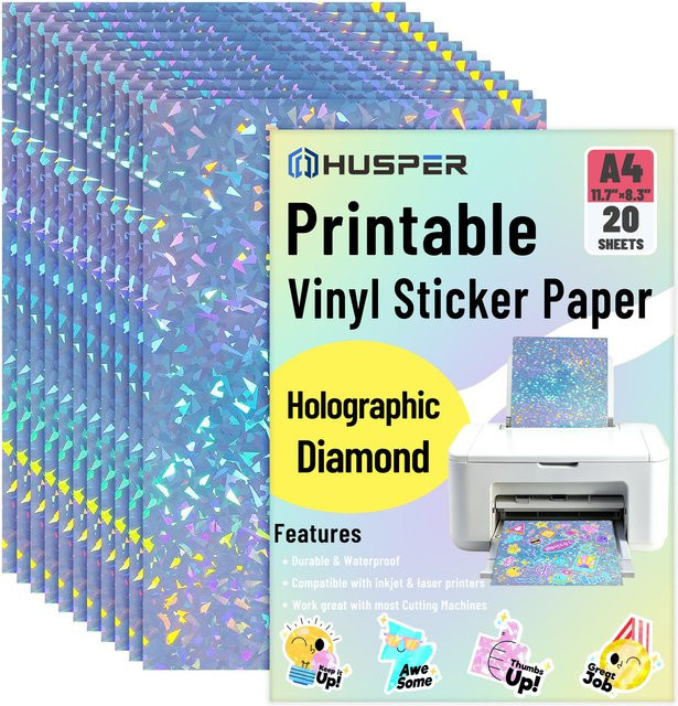 ESHANG Holografisches Vinyl-Aufkleberpapier für Tintenstrahl- und Laserdrucker, 20 Blatt A4, Wasserfest und Selbstklebend, Multicolour - Bild 1
