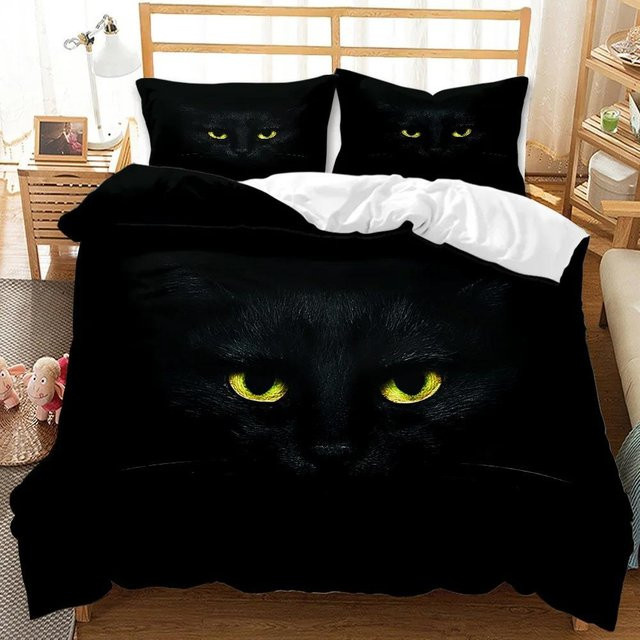 Bettwäsche Set Binchi Fitness Schwarze Katze mit Kissenbezug, Dunkelblau, B/H: 140 x 210 cm - Bild 1
