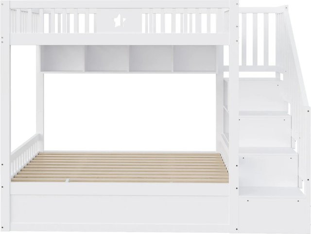 Merax Hochbett für Kinder aus Holz und MDF mit Stauraumtreppe und Lift-up-Basis, Weiß/Grau, B/T/H: 200 x 140 x 145 cm - Bild 1