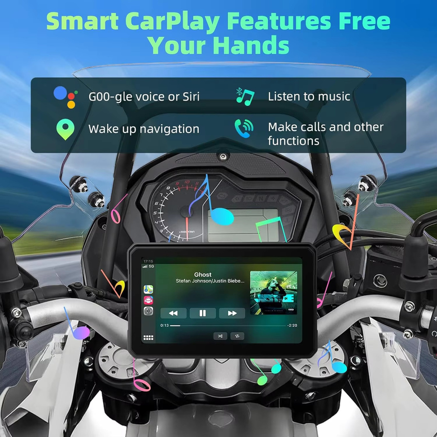 Jansite Tragbares 5-Zoll Motorrad-GPS-Navigationsgerät in Schwarz mit kabellosem CarPlay, Android Auto und Bluetooth 5.0, IP67 wasserdicht mit IPS-Bildschirm - Bild 4