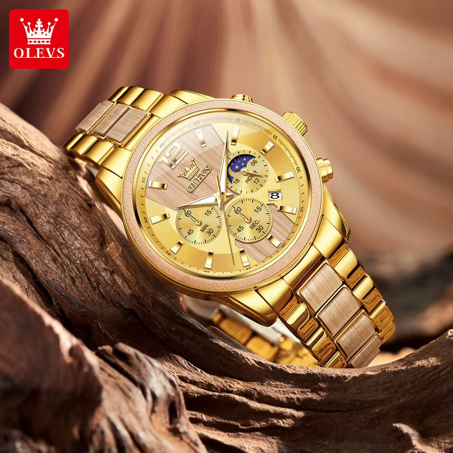 OLEVS Armbanduhr Quarz, Holz, Chronograph, Gold, Herren - Bild 2