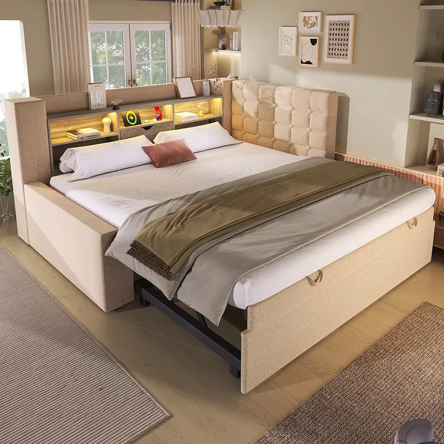 KOMHTOM Schlafsofa in Beige mit LED-Beleuchtung, Ausziehbett, Kopfteil, Stauraum und Lattenrost, B/T/H: 90 x 200 cm - Bild 2