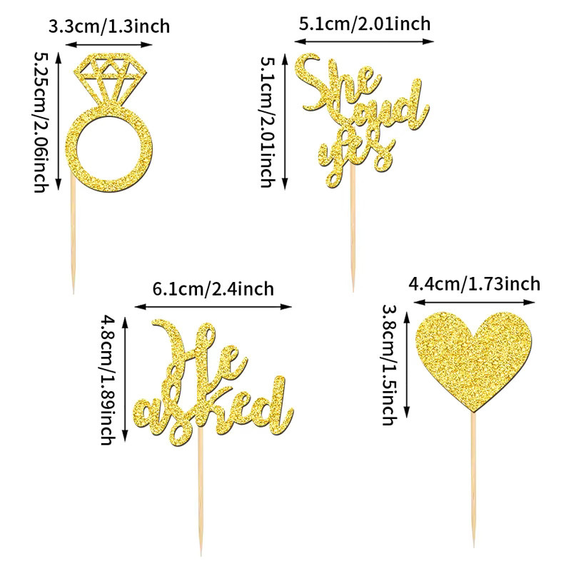 YOMDID 24 Stück Glitzernde Kuchenaufsätze He Asked She Said Yes in Gold aus Bambus für Hochzeit und Verlobung - Bild 6