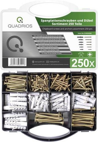 Quadrios Spanplattenschrauben-Sortiment mit passenden Dübeln in Gold, 250 Stück - Bild 1