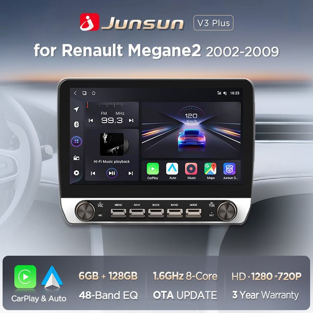 Junsun 10,1 Zoll Android Autoradio für Renault Megane 2 (2002–2009) mit kabellosem CarPlay, Android Auto, Bluetooth, GPS und 4G in Schwarz - Bild 1