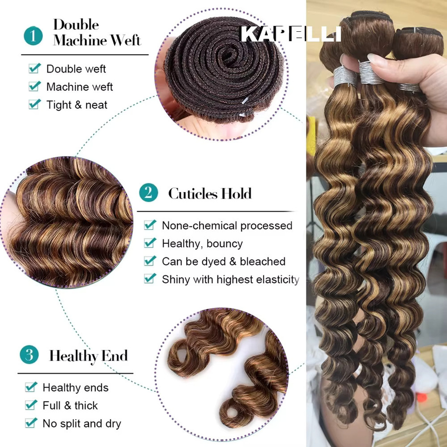 Kapelli Loose Deep Wave Bundles, Honigbraun, 100% Brasilianisches Echthaar - Bild 5