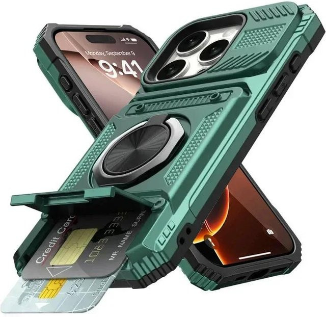 Stoßfeste Magnetische Armor Handyhülle mit Kartensteckplatz und Ständer für Apple iPhone 17 16 15 14 13 Pro Max Air Plus in Grün - Bild 1
