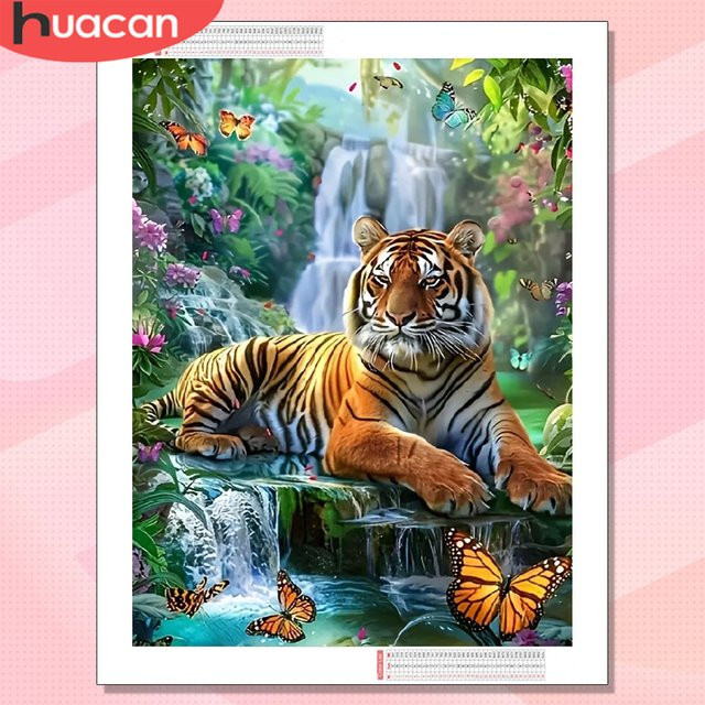 HUACAN 5D DIY Diamant-Mosaik Tiger und Wasserfall Landschaft mit runden Steinen, Multicolour, B/H: 30,0 x 20,0 cm - Bild 1