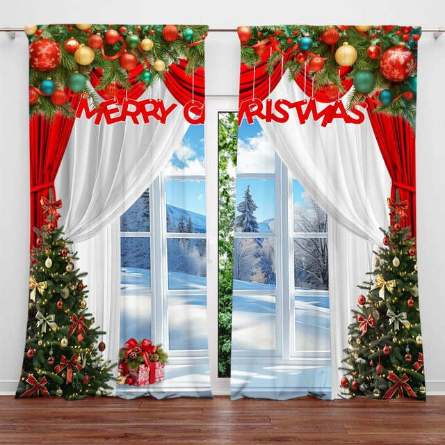 2er-Set Frohe Weihnachten Vorhang mit Grafikprint in Rot, halbtransparent, B: 52,5 cm, H: 116 cm - Bild 1