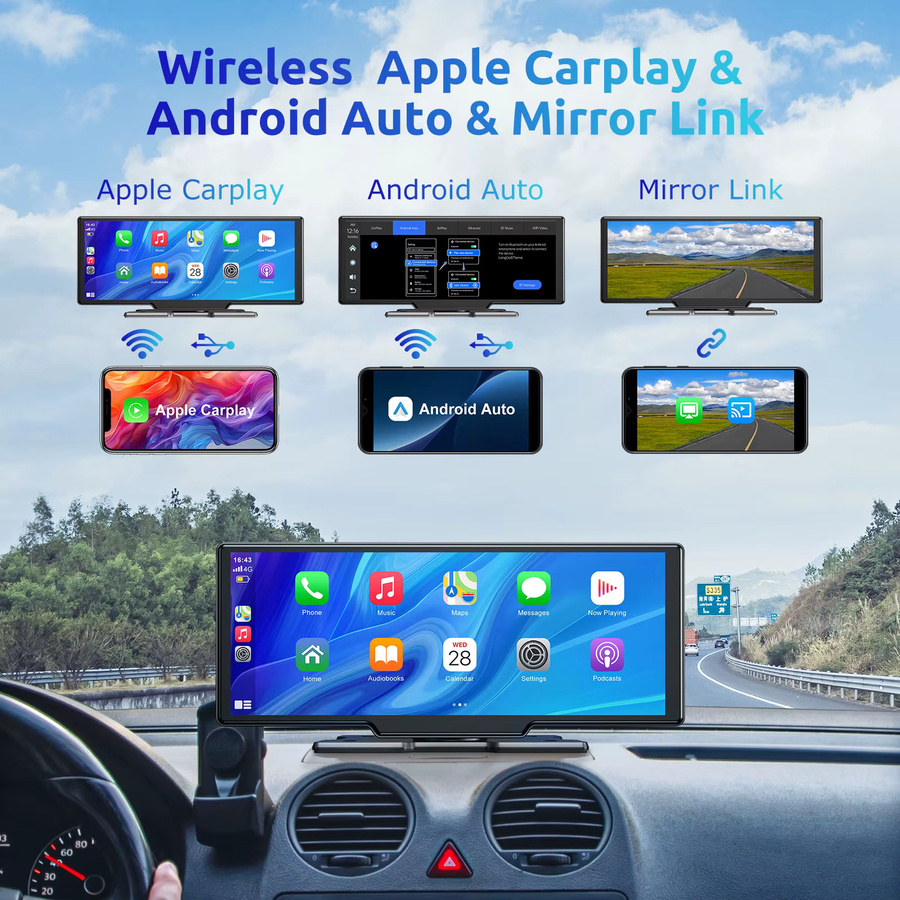 ESSGOO 4K Dash Cam mit Wireless CarPlay und Android Auto, ADAS, Bluetooth, GPS und AUX, Schwarz, 10,26 Zoll - Bild 3