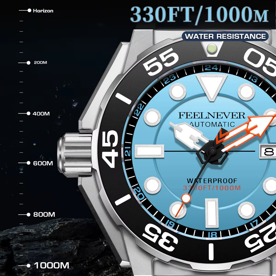 FEELNEVER Herren-Automatik-Taucheruhr, Edelstahl, Saphirglas, Blau - Bild 3
