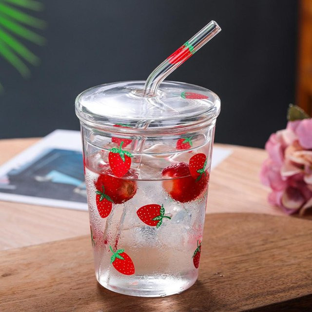 mfySpace Glasbecher mit Erdbeermuster und Strohhalmdeckel, transparent grau, 300 ml - Bild 1
