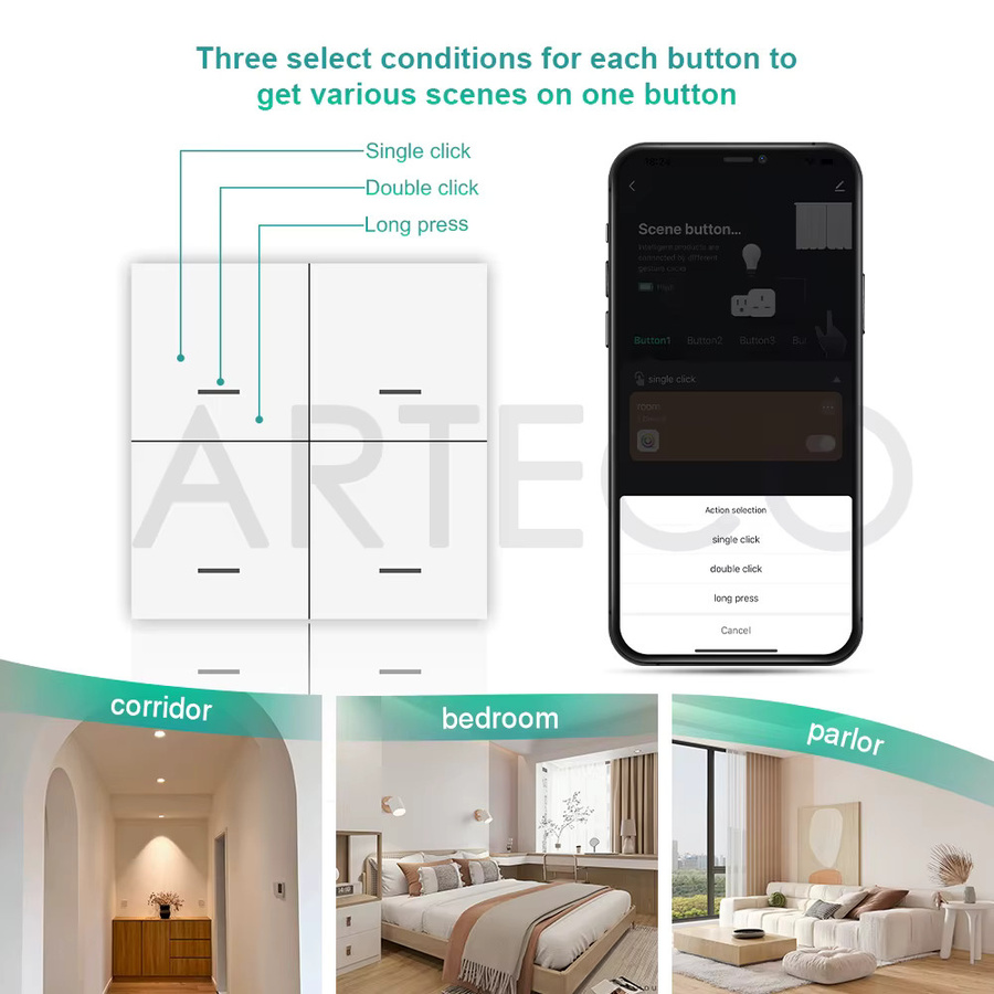 Arteco Tuya Zigbee Drahtloser Szenen-Schalter Push Button Controller zur Smart Home Automatisierung in Weiß - Bild 2