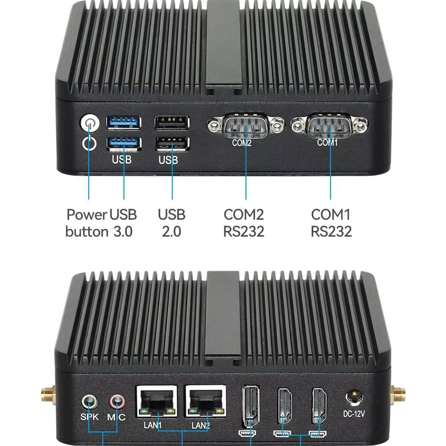 2LAN2COM Industrie-Mini-PC mit Intel Celeron J6412/N100, Schwarz, unterstützt Windows 10/11 und Linux Pfense, mit 4x USB, 1x DP1.4 und 2x HDMI 2.0 - Bild 4