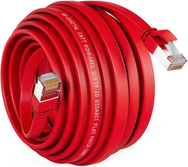 hb-digital LAN Flachkabel CAT 7 Ethernet Patchkabel U/FTP PVC, 15 m, Rot - Bild 1