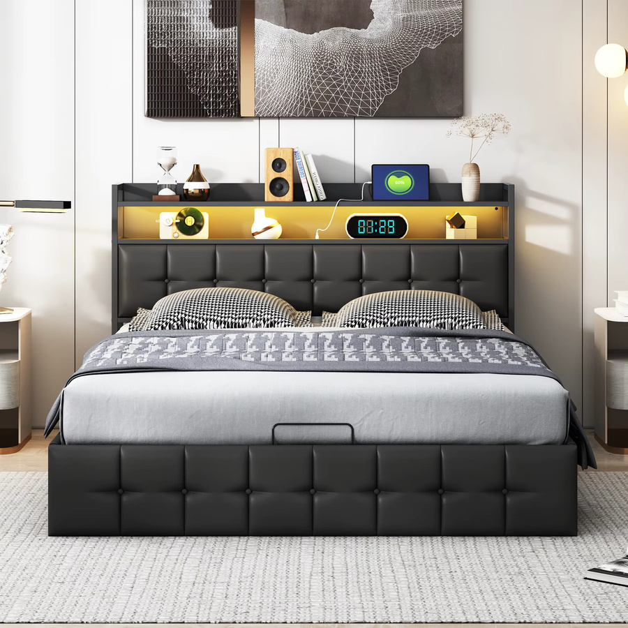 Modernes Polsterbett mit Stauraum und Kopfteil in Grau, Doppelbett mit hydraulischem Lift-up-System aus Kunstleder, B/T/H: 160 x 200 cm - Bild 2