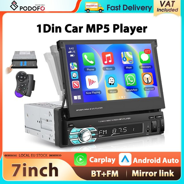 Podofo 1Din Autoradio mit 7 Zoll einziehbarem Bildschirm, Bluetooth, Carplay, Android Auto, MP5 Multimedia-Player und Mirror Link in Schwarz - Bild 1