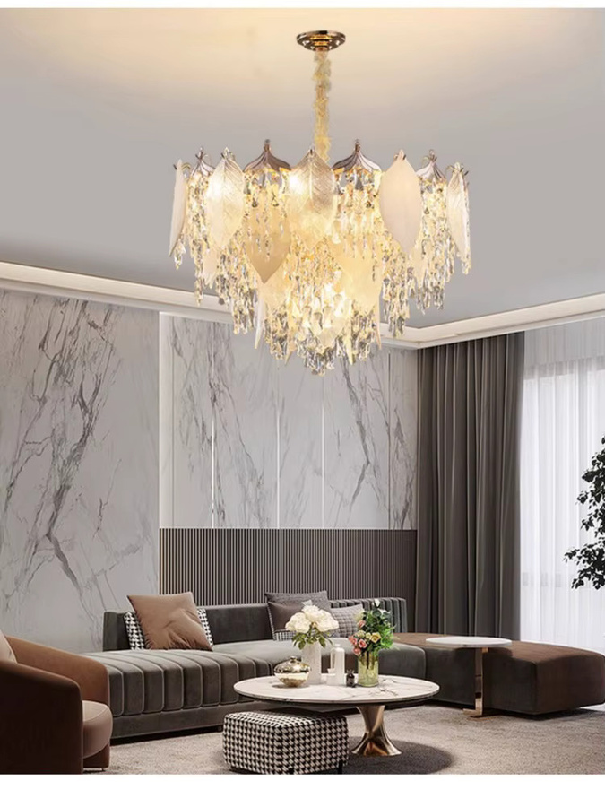 JIANKEXING Kristall-Pendelleuchte in Blatt-Form, Gold/Messing, Transparent, Warmweißes Licht für Wohnzimmer, Schlafzimmer und Küche - Bild 7