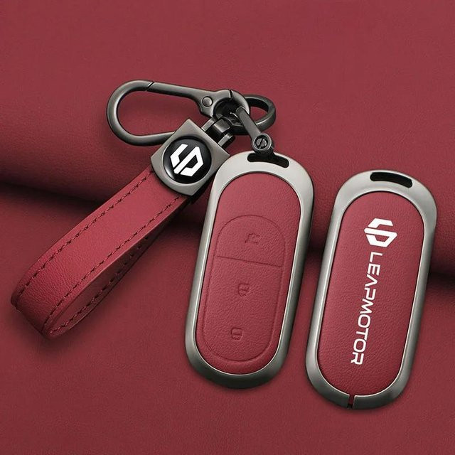 Schlüsselhülle aus Zinklegierung und Leder für Leapmotor C16 C11 C10 C01 B10 T03 S01 in Rot - Bild 1