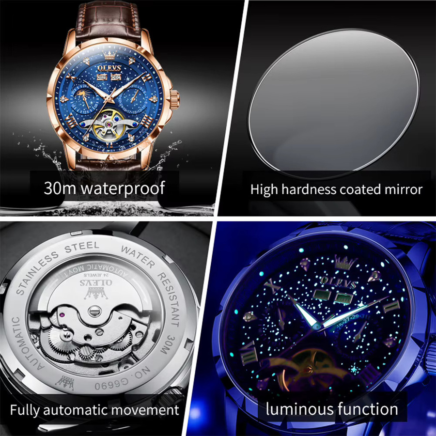 OLEVS Armbanduhr, mechanisch, Schwarz, Bicolor, Edelstahl, Leder, Herren - Bild 4