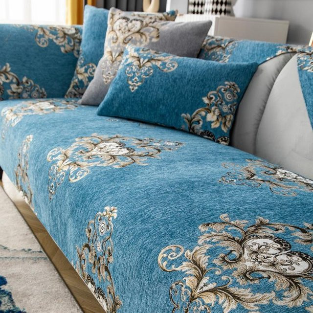 Super Six Sofabezug aus Jacquard-Chenille in Blau, rutschfest und universell passend für Ledersofas, Breite: 210 cm - Bild 1