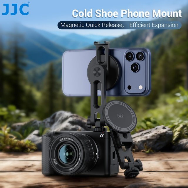 JJC Magnetische Handyhalterung in Schwarz für iPhone 17 16 15 14 mit Blitzschuh und 1/4 Zoll Gewinde für Stativnutzung in vertikaler und horizontaler Ausrichtung - Bild 1