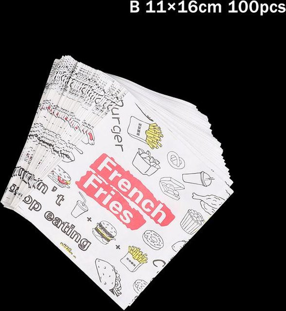 Binchi Outdoor Product Einweg-Papiertüten für Fast Food mit Pommes und Burger Motiv, weiße Take-away-Tüten aus Kraftpapier für Restaurants und Snack-Shops, 100 Stück - Bild 1