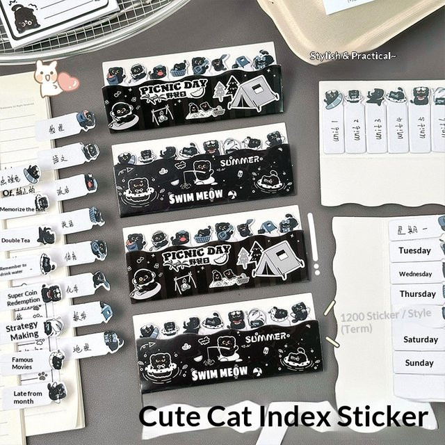 TWBEB Selbstklebende Index-Tabs mit schwarzen Katzen-Motiven für Notizbücher und Bürobedarf, Schwarz - Bild 1