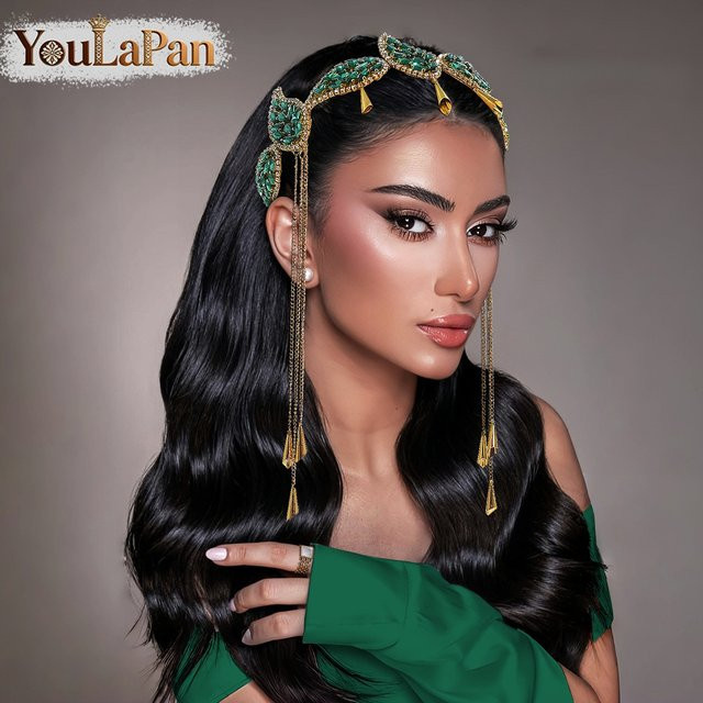 YouLaPan Stirnband mit Strass und Metall-Quasten, Grün, Gold - Bild 1