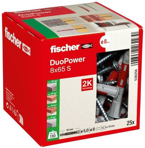 Fischer DUOPOWER Allzweckdübel aus Nylon, Farbe: Grau und Rot, Durchmesser: 8 mm, Länge: 65 mm - Bild 2