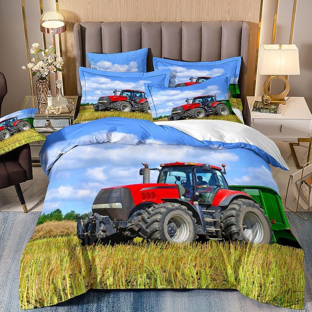Traktor Cartoon 3D-Druck Bettwäsche-Set aus Mikrofaser mit Bettbezug und Kissenbezug, Mehrfarbig, B: 100 cm, H: 135 cm - Bild 1