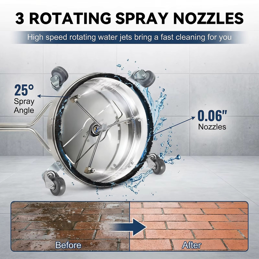 Podofo 18-Zoll-Hochdruckreiniger-Oberflächenreiniger aus Edelstahl in Silber mit 4000 PSI, 4 Rädern, Doppelgriff und Adaptern für 1/4-Zoll-Gewinde sowie 3/8-Zoll-Schnellanschlüsse - Bild 4