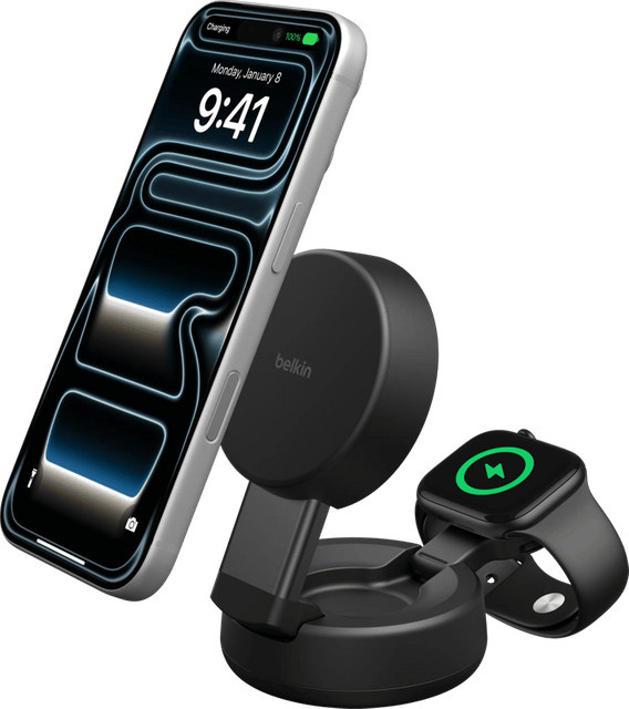 Belkin UltraCharge Pro 2-in-1 MagSafe Kabelloses Ladegerät mit Ständer Qi2 25 W Schwarz - Bild 1