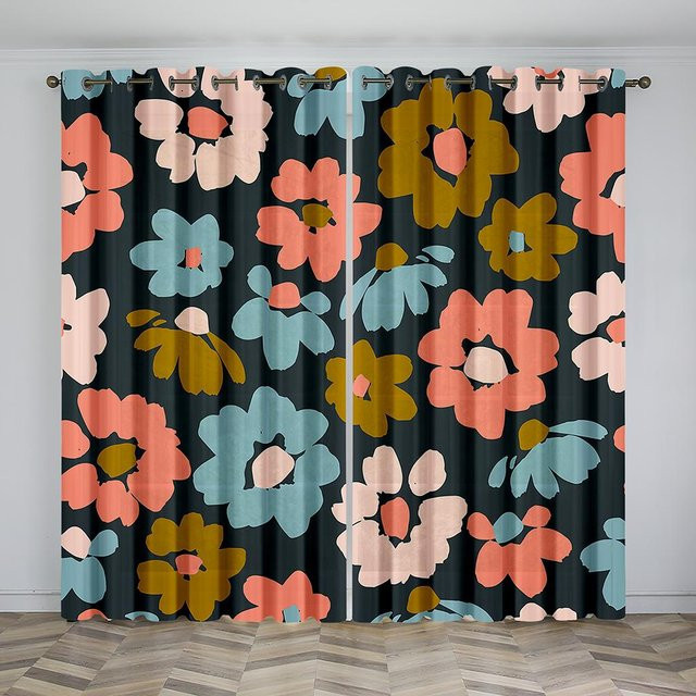 A Family Of Home Textiles Kirschblüten Design Vorhang mit Blumen und Bäumen, halbtransparent, Multicolor, 2 Stück, B: 100 cm, H: 130 cm - Bild 1